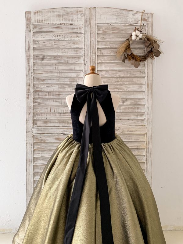 Black Velvet Gold Jacquard Keyhole Back Wedding Party Flower Girl Dress - Image 3