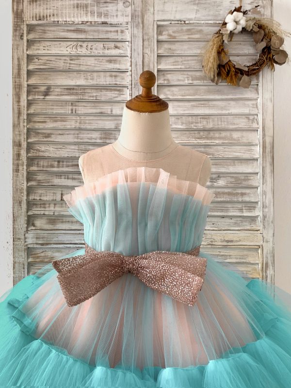 Sheer Neck Pink+Teal Tulle Ruffles Wedding Flower Girl Dress Kids Occasion Dress - Image 3