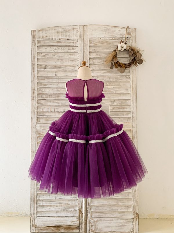 Princess Sheer Neck Pleated Purple Tulle Wedding Flower Girl Dress, Bow - Image 2