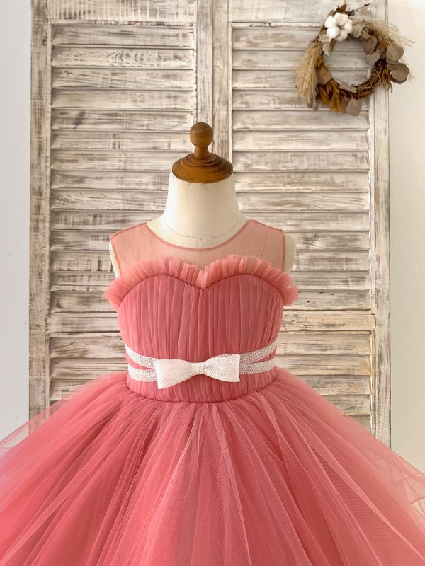 Sheer Neck Pleated Mauve Tulle V Back Horsehair Wedding Flower Girl Dress, Bowknot - Image 3