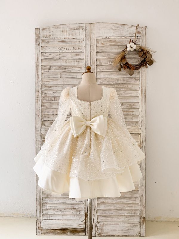 Square Neck Long Sleeves Crystal Beaded Wedding Flower Girl Dress, Horsehair - Image 2