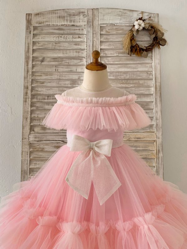 Sheer Neck Pink Ruffles Tulle Wedding Flower Girl Dress Kids Party, Glittering Bow - Image 2
