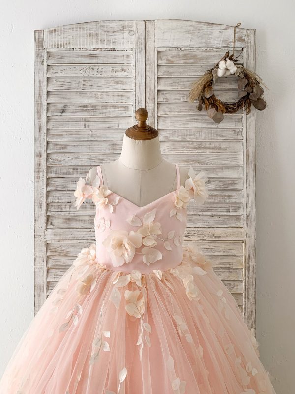 Peach 3D Lace Flower Tulle Off Shoulder Wedding Flower Girl Dress Kids Pageant Gown - Image 3