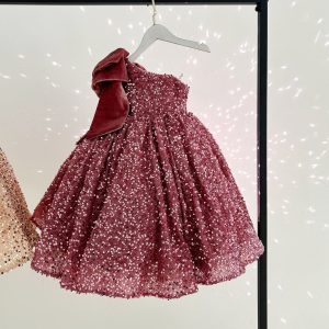 One Shoulder Single Sleeve Sequin Knee Length Wedding Party Flower Girl Dress
