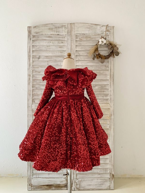 Long Sleeves Burgundy Sequin Ruffles Neck Wedding Flower Girl Dress Kids Party - Image 3