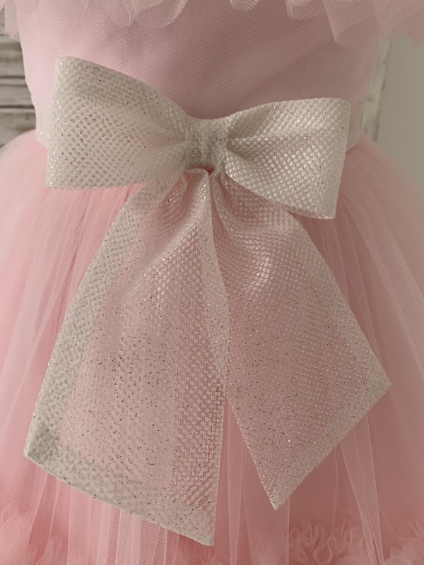 Sheer Neck Pink Ruffles Tulle Wedding Flower Girl Dress Kids Party, Glittering Bow - Image 3