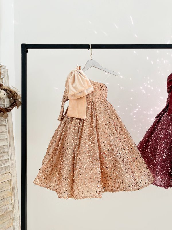 One Shoulder Single Sleeve Sequin Knee Length Wedding Party Flower Girl Dress - Image 2