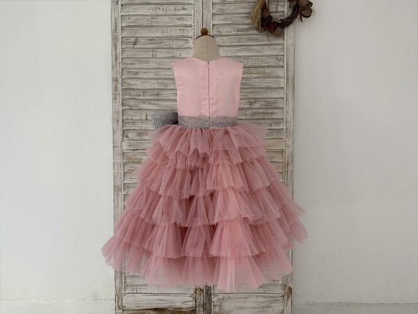 Cupcake Mauve Tulle V Neck Wedding Flower Girl Dress, Glittering Belt Bow - Image 2