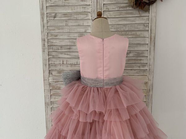 Cupcake Mauve Tulle V Neck Wedding Flower Girl Dress, Glittering Belt Bow - Image 4