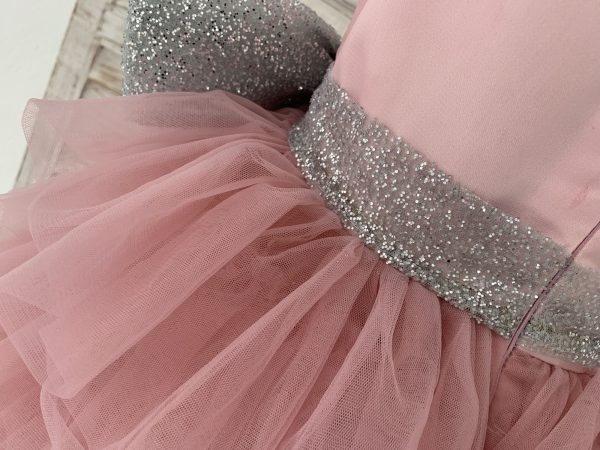 Cupcake Mauve Tulle V Neck Wedding Flower Girl Dress, Glittering Belt Bow - Image 5