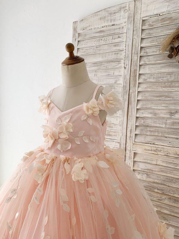 Peach 3D Lace Flower Tulle Off Shoulder Wedding Flower Girl Dress Kids Pageant Gown - Image 4