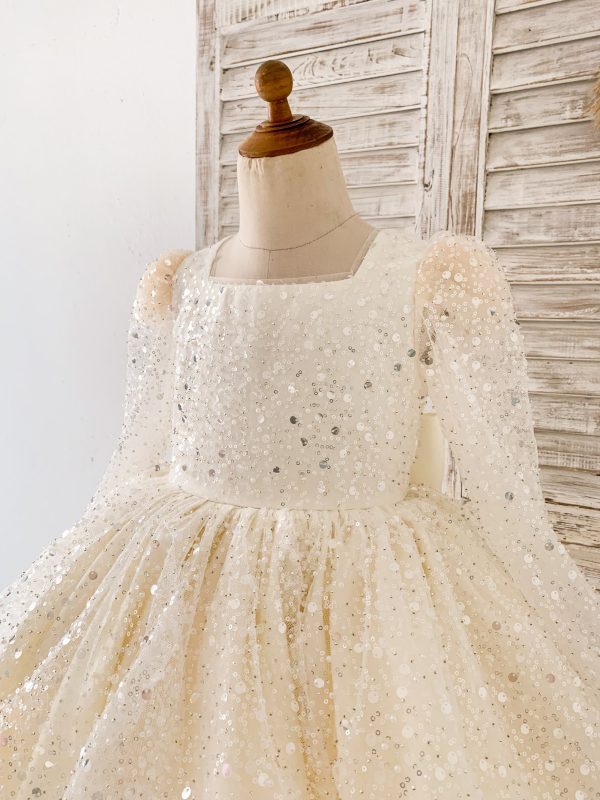 Square Neck Long Sleeves Crystal Beaded Wedding Flower Girl Dress, Horsehair - Image 3