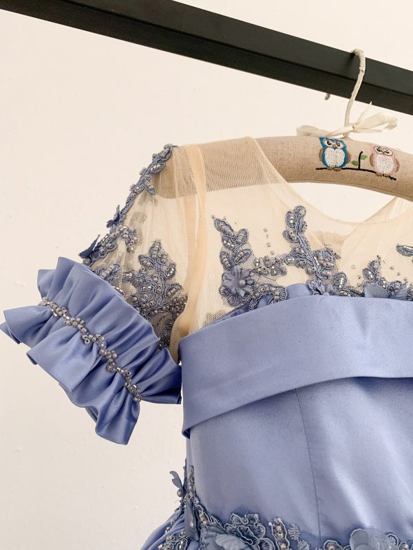 Short Sleeves Sheer Neck Light Blue Satin Wedding Flower Girl Dress, Beaded Lace - Image 4