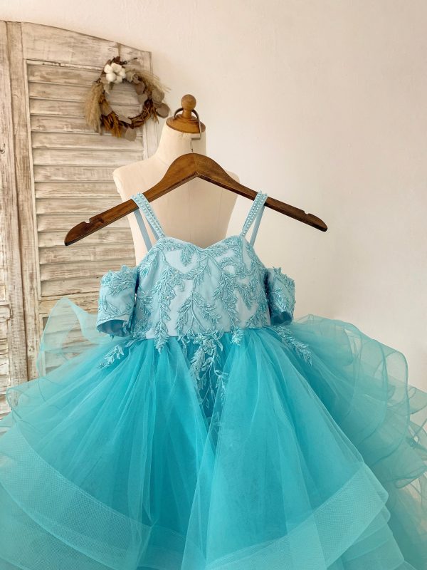 Teal Lace Tulle Off Shoulder Beaded Straps Horsehair Wedding Flower Girl Dress - Image 3