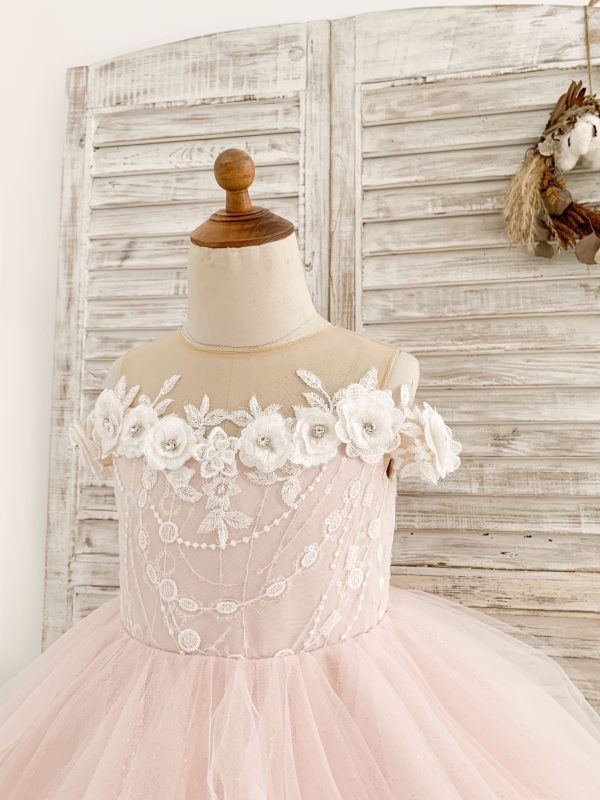 Illusion Off-Shoulder Pink Tulle Ruffle Ball Gown Wedding Party Flower Girl Dress - Image 3