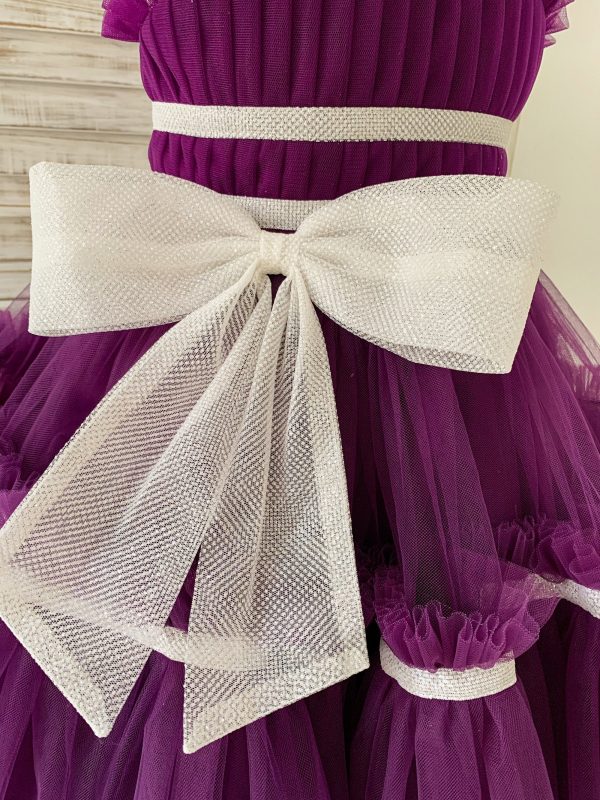 Princess Sheer Neck Pleated Purple Tulle Wedding Flower Girl Dress, Bow - Image 5