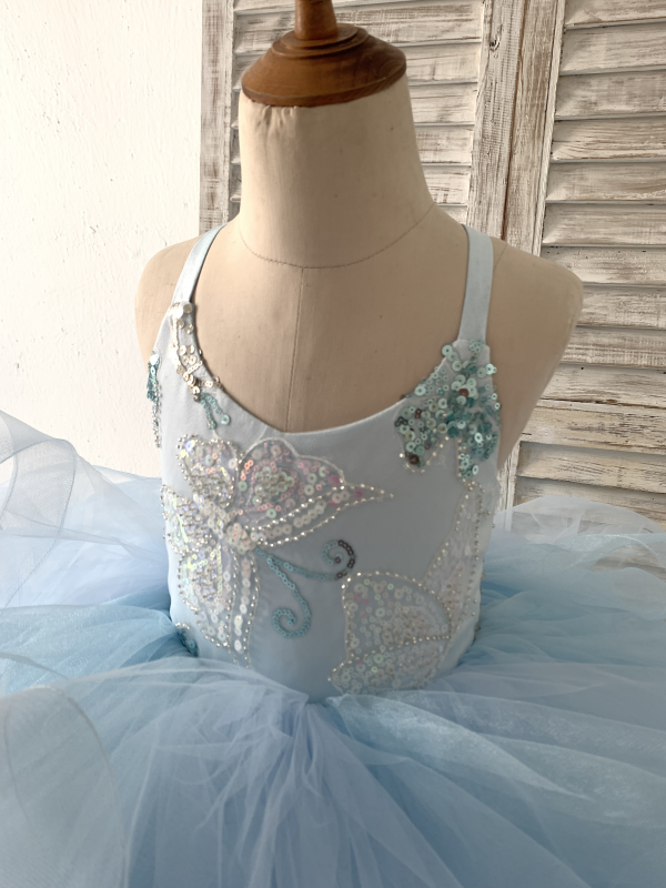 Beaded Butterfly Light Blue Straps Ruffle Tulle Horsehair Wedding Flower Girl Dress - Image 4