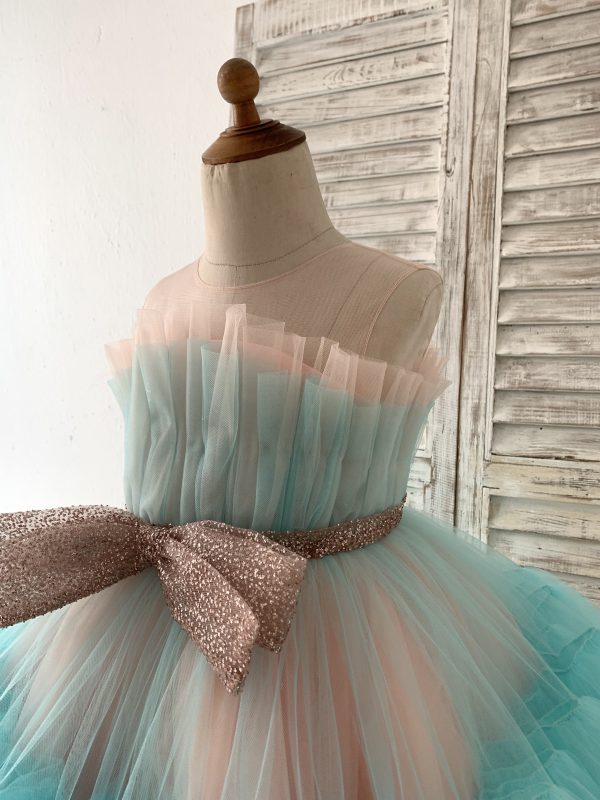 Sheer Neck Pink+Teal Tulle Ruffles Wedding Flower Girl Dress Kids Occasion Dress - Image 4