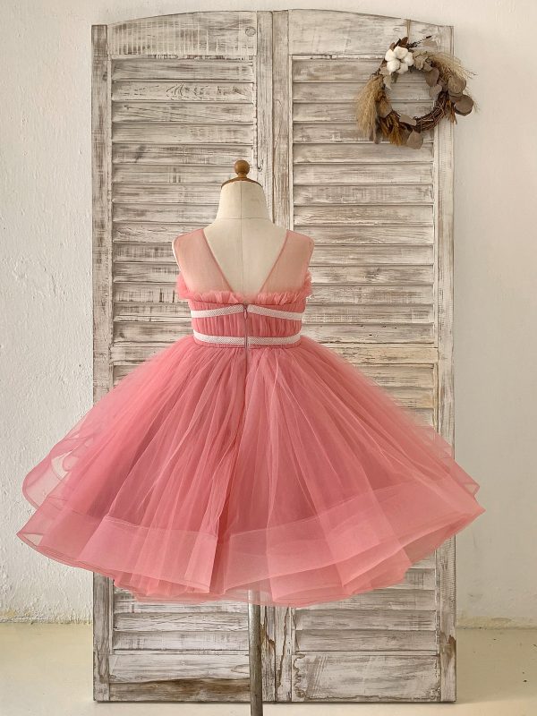 Sheer Neck Pleated Mauve Tulle V Back Horsehair Wedding Flower Girl Dress, Bowknot - Image 2