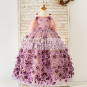 3D Purple Lace Flower Tulle Wedding Flower Girl Dress Photography Dress