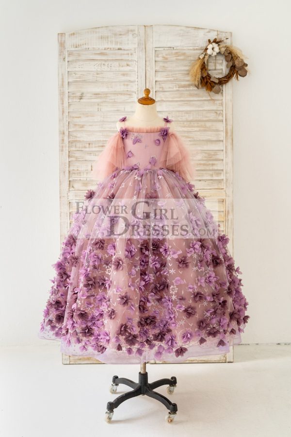 3D Purple Lace Flower Tulle Wedding Flower Girl Dress Photography Dress