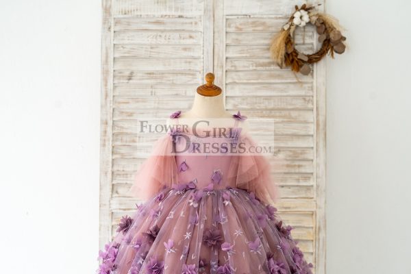3D Purple Lace Flower Tulle Wedding Flower Girl Dress Photography Dress - Image 3
