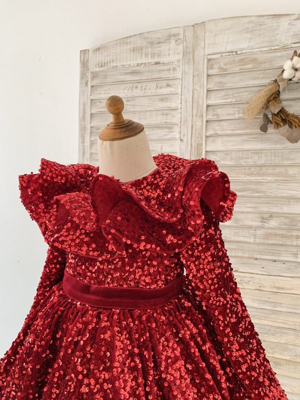 Long Sleeves Burgundy Sequin Ruffles Neck Wedding Flower Girl Dress Kids Party - Image 4