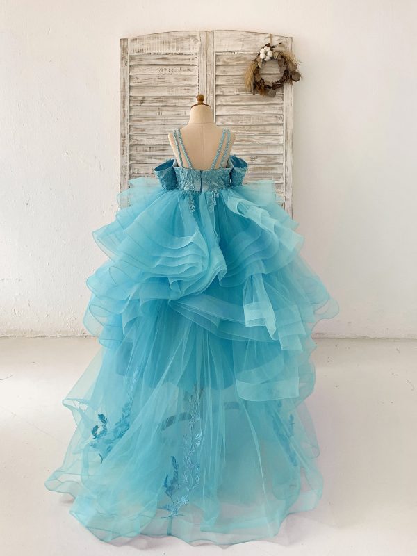 Teal Lace Tulle Off Shoulder Beaded Straps Horsehair Wedding Flower Girl Dress - Image 4