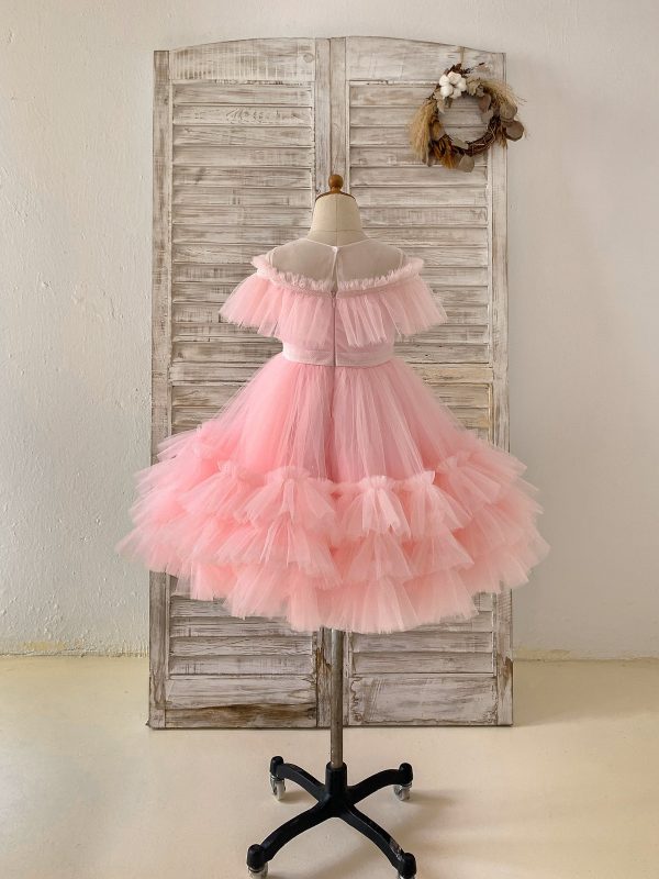 Sheer Neck Pink Ruffles Tulle Wedding Flower Girl Dress Kids Party, Glittering Bow - Image 4