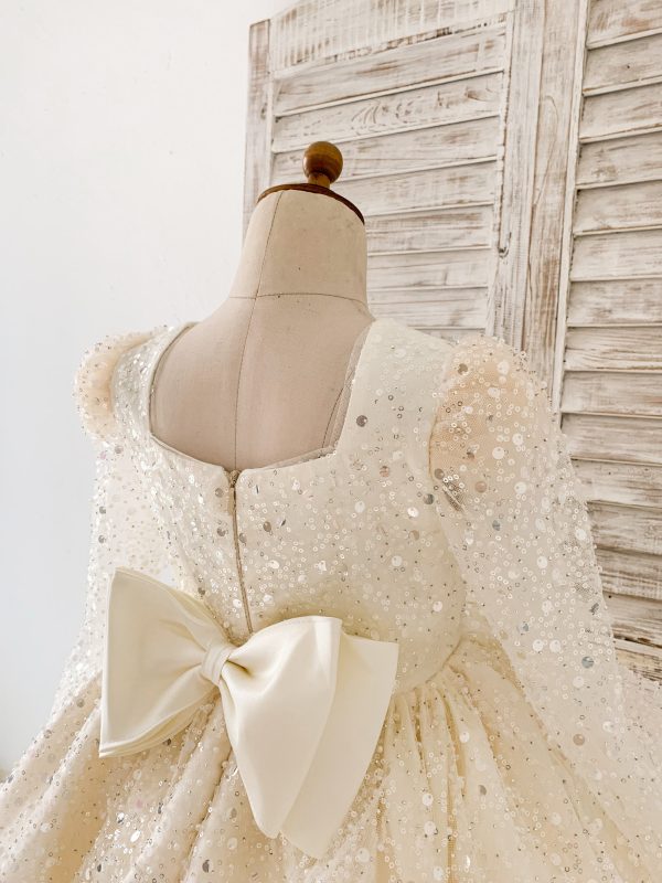 Square Neck Long Sleeves Crystal Beaded Wedding Flower Girl Dress, Horsehair - Image 4