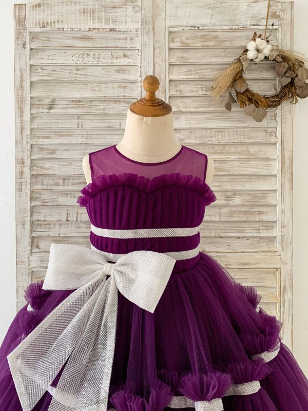 Princess Sheer Neck Pleated Purple Tulle Wedding Flower Girl Dress, Bow - Image 3