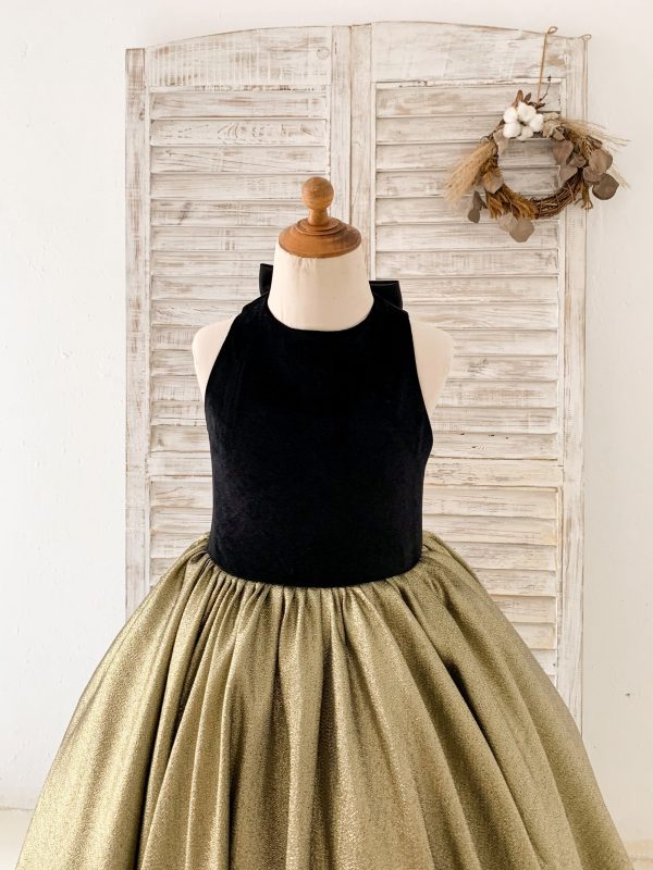 Black Velvet Gold Jacquard Keyhole Back Wedding Party Flower Girl Dress - Image 4