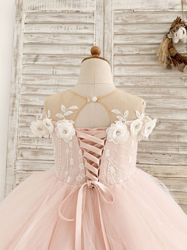 Illusion Off-Shoulder Pink Tulle Ruffle Ball Gown Wedding Party Flower Girl Dress - Image 4