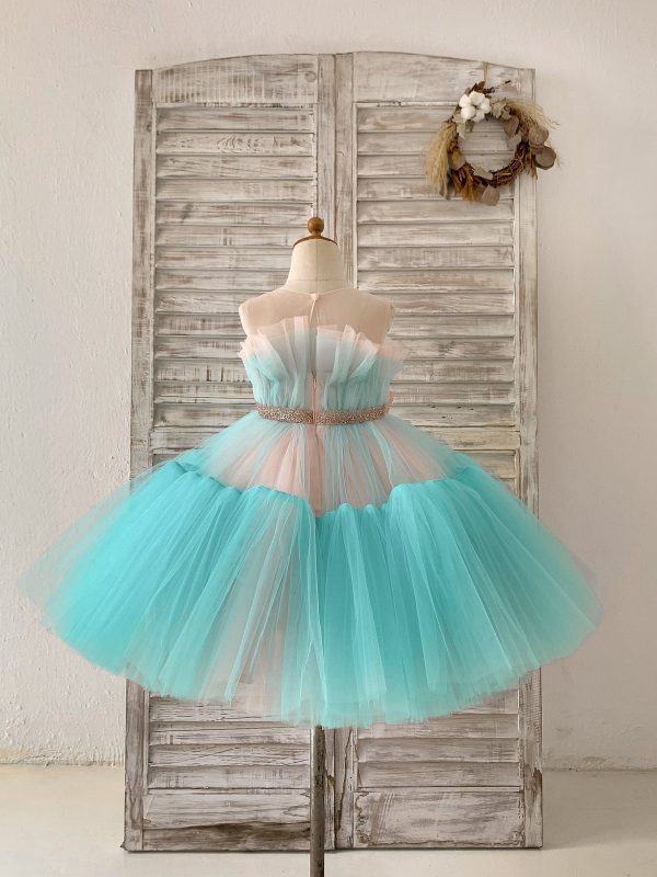Sheer Neck Pink+Teal Tulle Ruffles Wedding Flower Girl Dress Kids Occasion Dress - Image 2