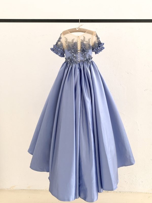 Short Sleeves Sheer Neck Light Blue Satin Wedding Flower Girl Dress, Beaded Lace - Image 2