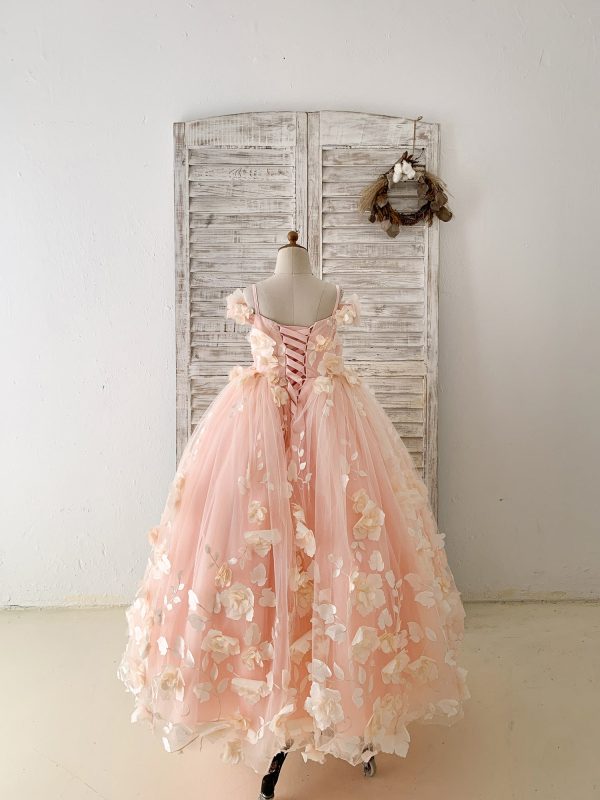 Peach 3D Lace Flower Tulle Off Shoulder Wedding Flower Girl Dress Kids Pageant Gown - Image 2