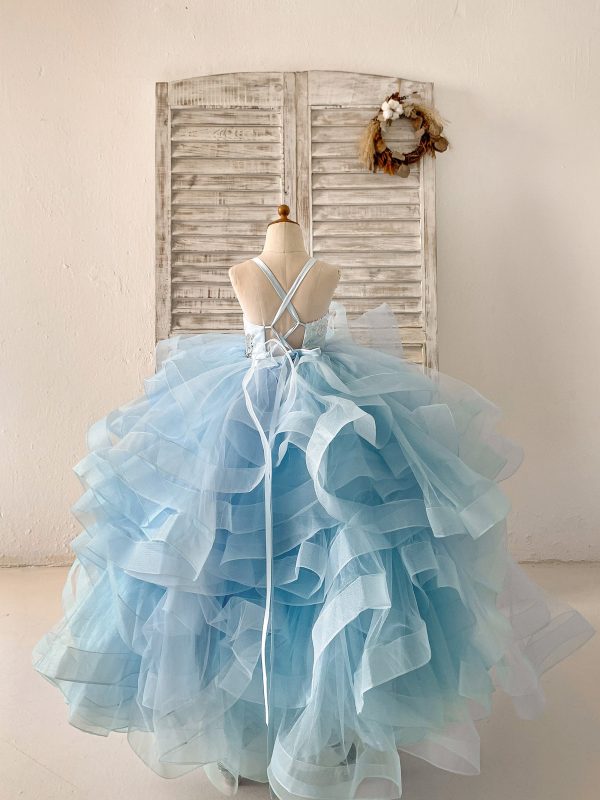 Beaded Butterfly Light Blue Straps Ruffle Tulle Horsehair Wedding Flower Girl Dress - Image 2