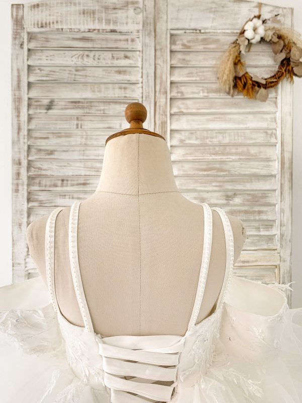 Off Shoulder Ivory Lace Tulle Straps Corset Back Horsehair Wedding Flower Girl Dress - Image 4