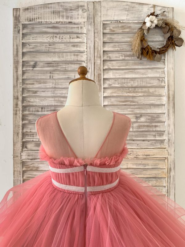 Sheer Neck Pleated Mauve Tulle V Back Horsehair Wedding Flower Girl Dress, Bowknot - Image 4