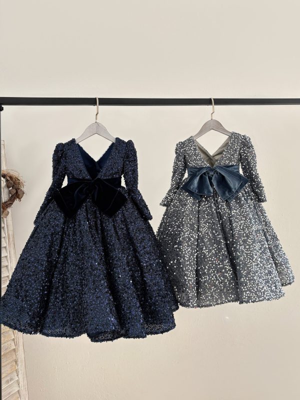 Ball Gown Long Sleeve V Neck Knee Length Sequin Kids Party Flower Girl Dress - Image 2