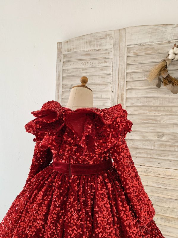 Long Sleeves Burgundy Sequin Ruffles Neck Wedding Flower Girl Dress Kids Party - Image 5