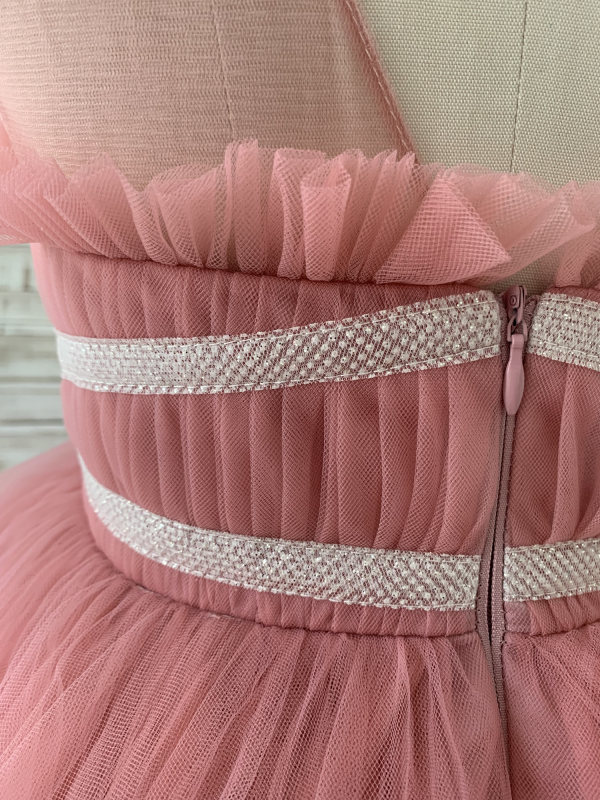 Sheer Neck Pleated Mauve Tulle V Back Horsehair Wedding Flower Girl Dress, Bowknot - Image 5
