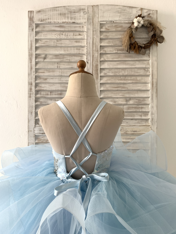 Beaded Butterfly Light Blue Straps Ruffle Tulle Horsehair Wedding Flower Girl Dress - Image 5