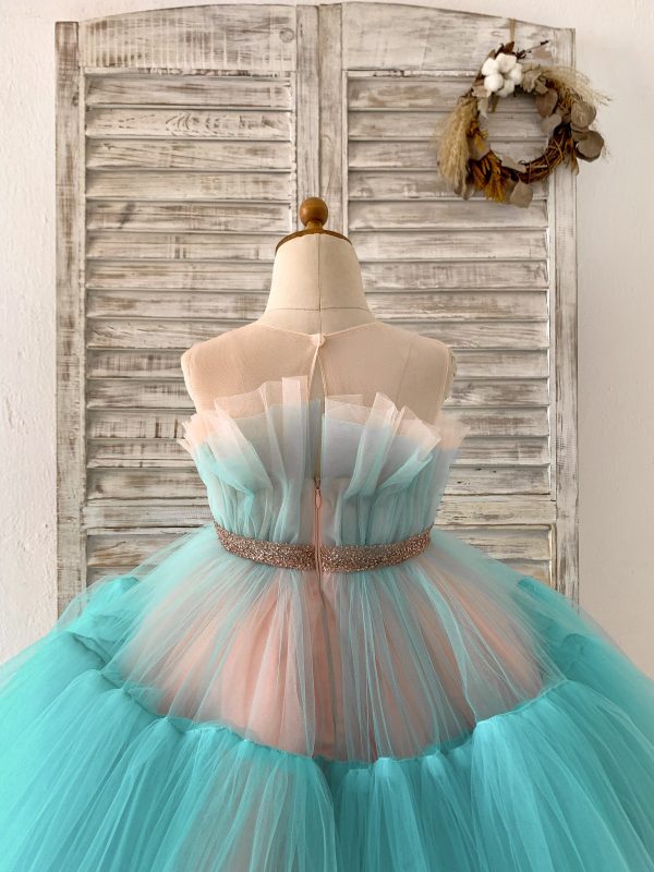Sheer Neck Pink+Teal Tulle Ruffles Wedding Flower Girl Dress Kids Occasion Dress - Image 5