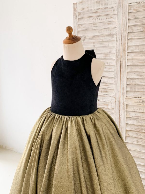 Black Velvet Gold Jacquard Keyhole Back Wedding Party Flower Girl Dress - Image 5