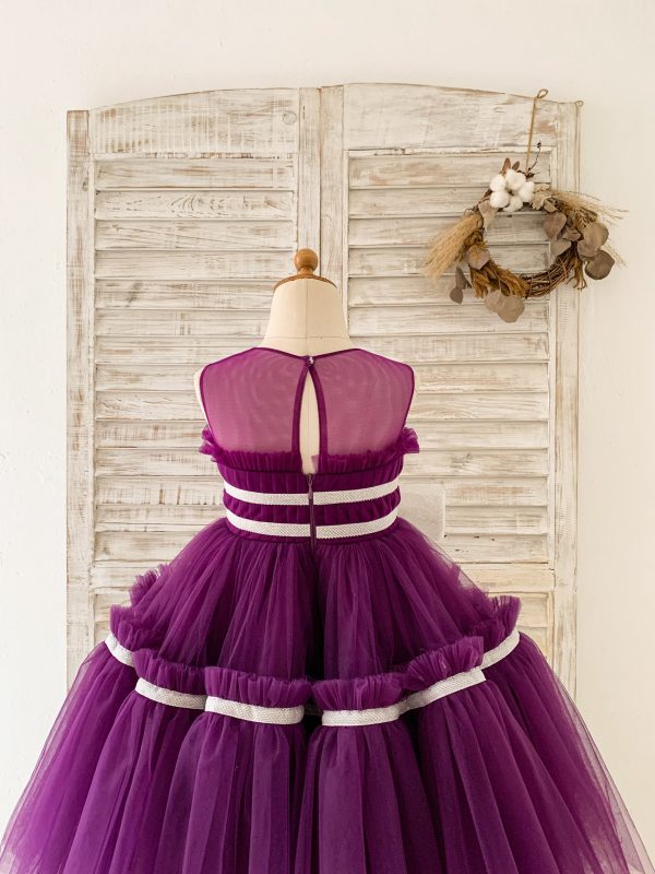 Princess Sheer Neck Pleated Purple Tulle Wedding Flower Girl Dress, Bow - Image 4