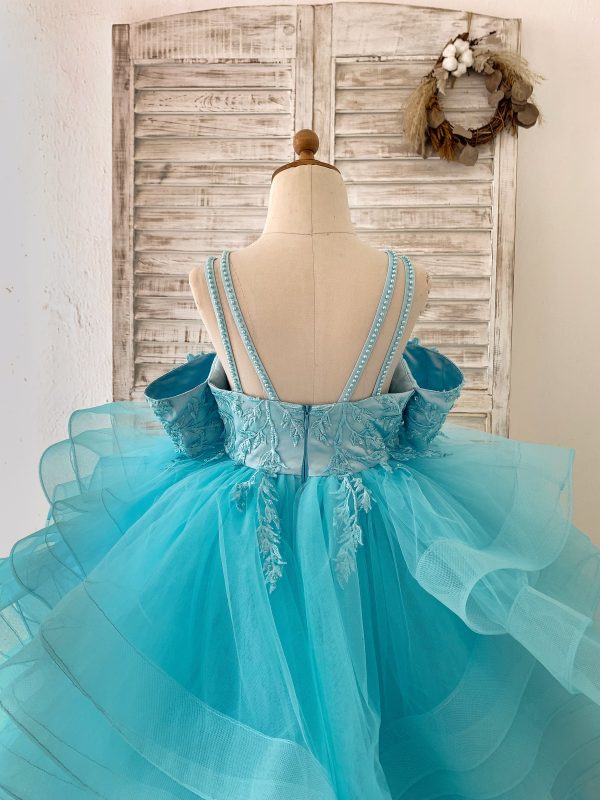 Teal Lace Tulle Off Shoulder Beaded Straps Horsehair Wedding Flower Girl Dress - Image 5