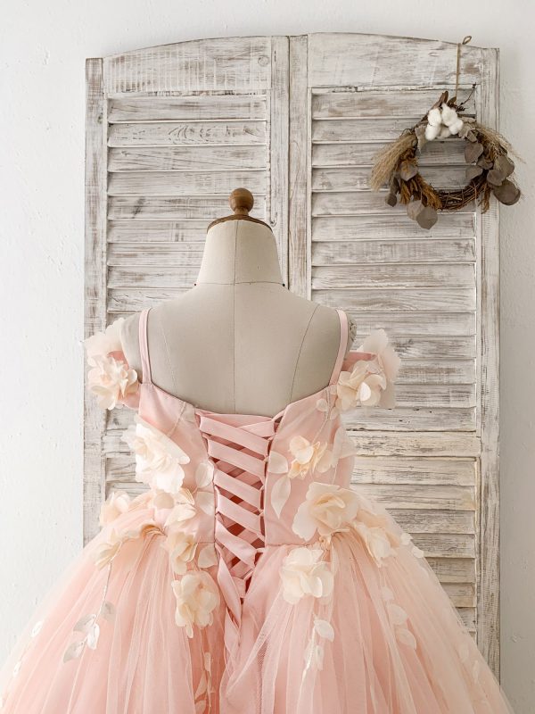 Peach 3D Lace Flower Tulle Off Shoulder Wedding Flower Girl Dress Kids Pageant Gown - Image 5