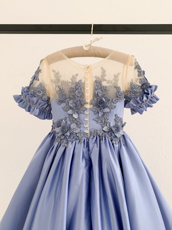 Short Sleeves Sheer Neck Light Blue Satin Wedding Flower Girl Dress, Beaded Lace - Image 5