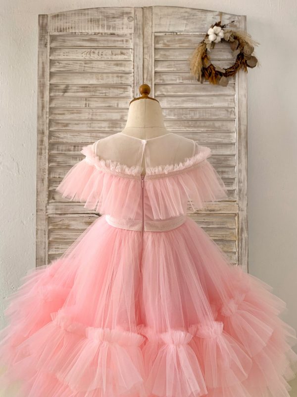 Sheer Neck Pink Ruffles Tulle Wedding Flower Girl Dress Kids Party, Glittering Bow - Image 5
